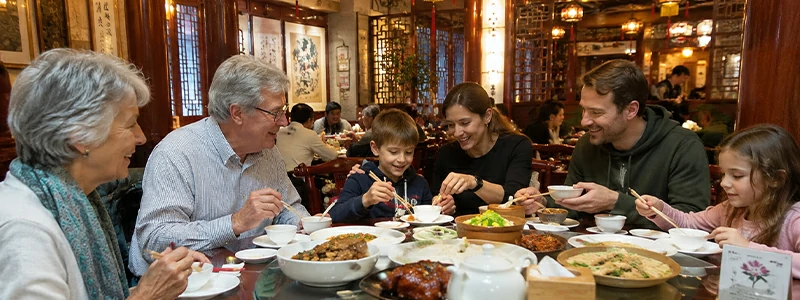 Family visitors enjoying local food in China during their trip