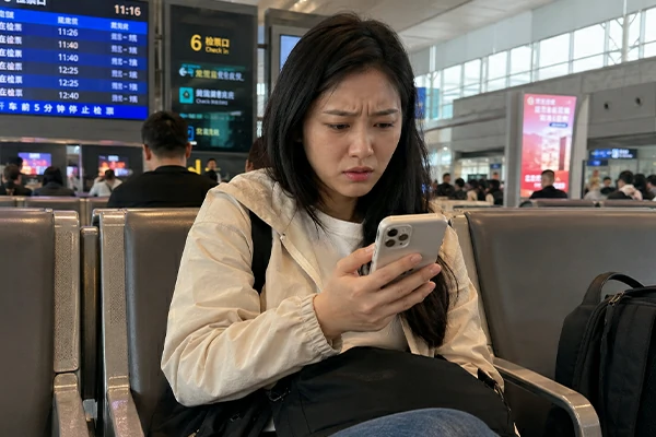 Tourist looking confused while setting up eSIM and mobile internet before arrival
