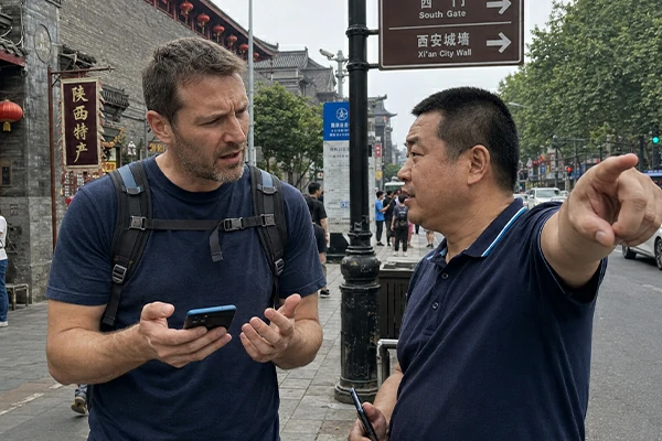 Visitor checking a phone map while confused about addresses metro routes taxis and transport