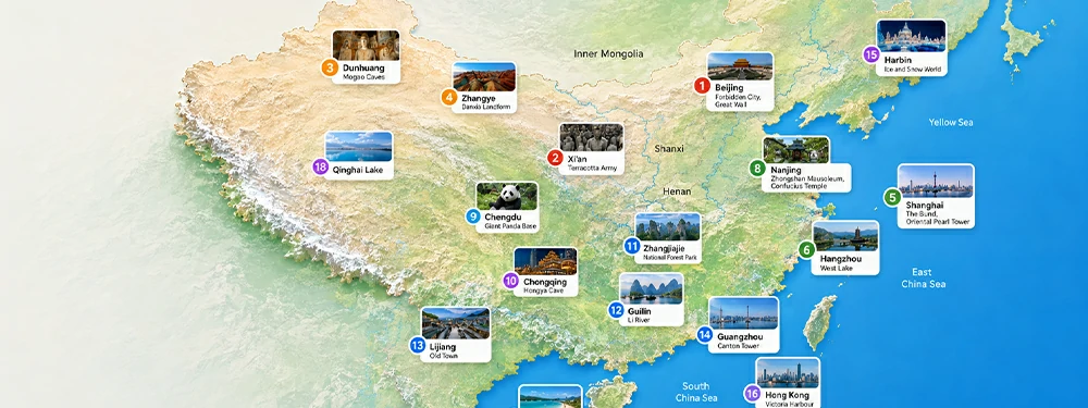 China travel AI assistant showing popular travel cities for planning a China trip