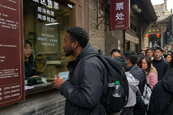 Tourist having trouble with ticket booking QR codes food delivery reservations and local ordering