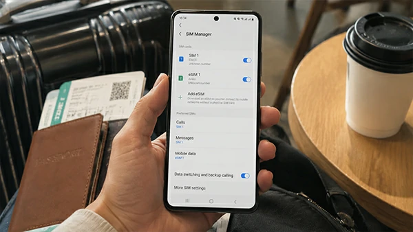 Does eSIM work in China? A traveler checks eSIM settings on a smartphone before departure.