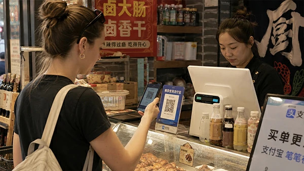 Foreign tourist using China payment methods by scanning a QR code at a shop