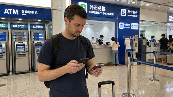 Foreign tourist preparing mobile payment after arriving at a Chinese airport