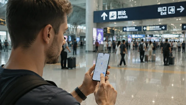 International traveler using a smartphone for navigation in a Chinese city
