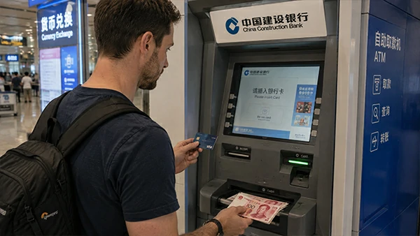 Foreign tourist withdrawing RMB cash from an ATM in China