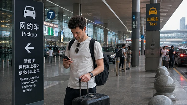 Foreign traveler checking a ride-hailing pickup point outside a railway station in China