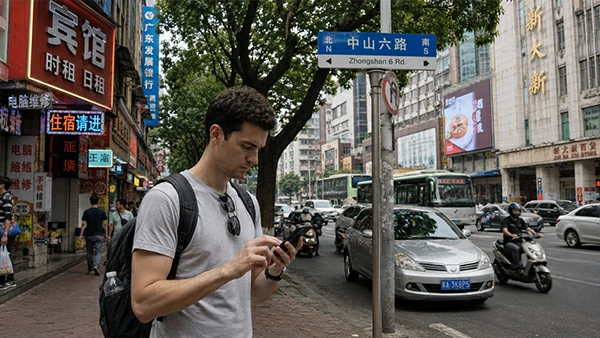 Does Google Maps work in China? A foreign traveler uses a local map app for navigation on a Chinese city street.