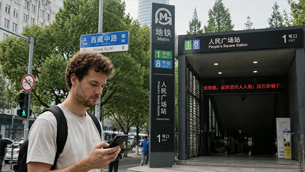 Foreign traveler using a map app for navigation on a city street in China