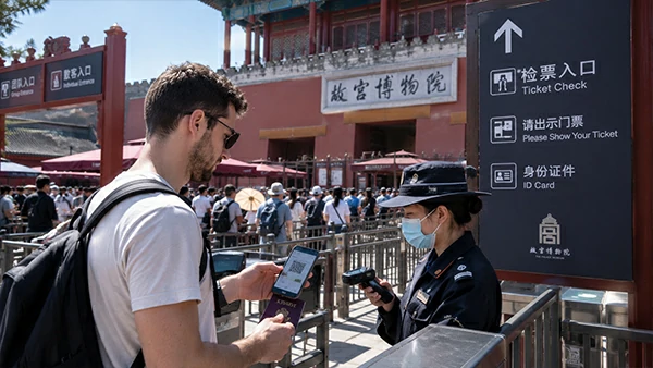 Foreign tourists asking staff for help at an attraction ticket service window in China